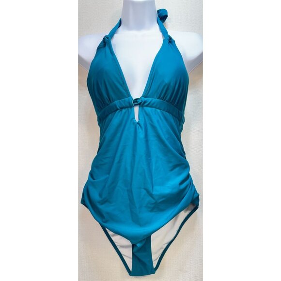 CUPSHE Women's One Piece Swimsuit Deep V Neck Size Large Teel Blue Bathing Suit - Picture 1 of 13